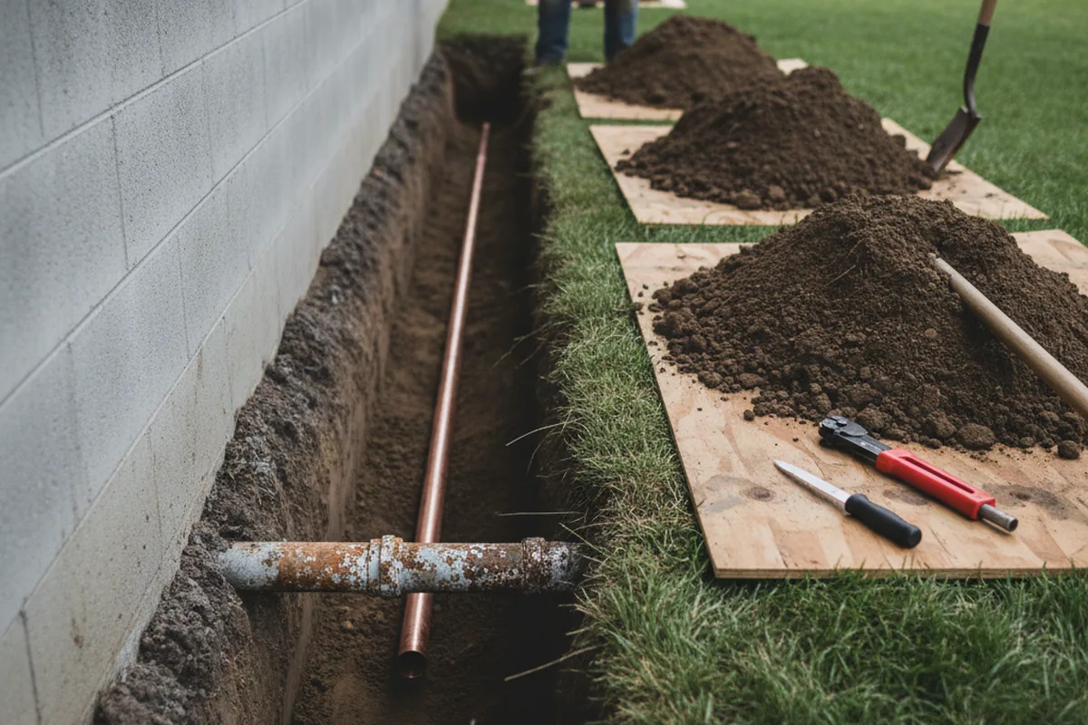 Excavated water line trench during Water Heater Repair in Tuscola